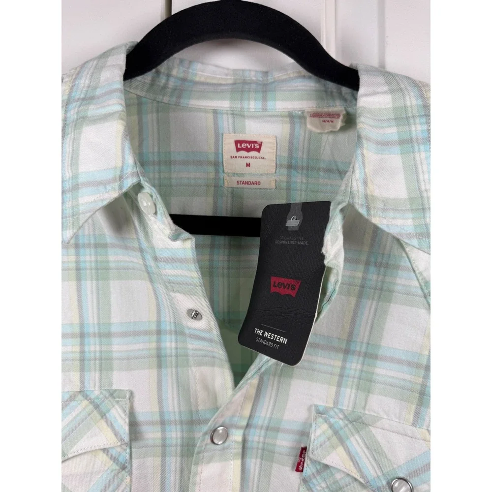 Levis Western Standard Fit Pearl Snap Shirt Mens Medium Green White Plaid NWT